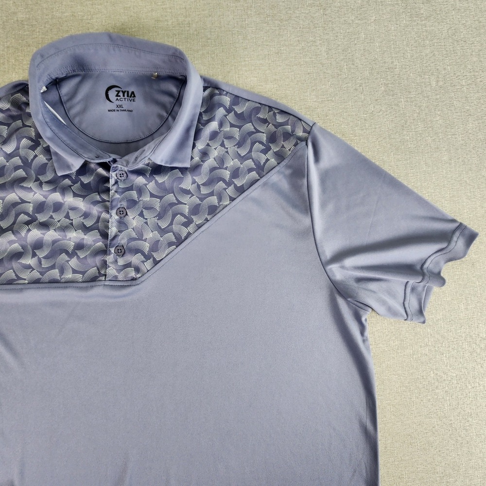 Zyia Active Mens XXL Blue Gray Geometric Print Performance Golf Polo Shirt EUC